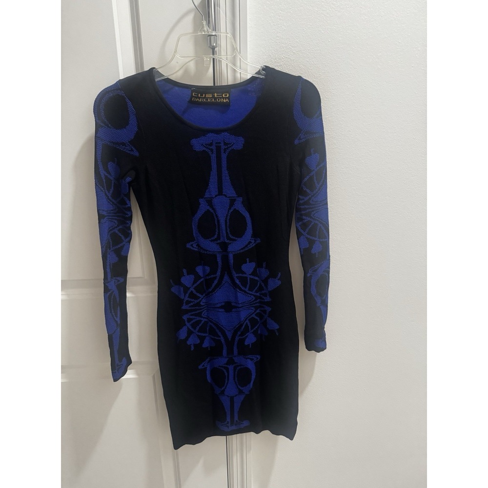 Vintage Custo Barcelona Black Blue‎ LS Knit Geometric Bodycon Mini Dress Sz 1/xs